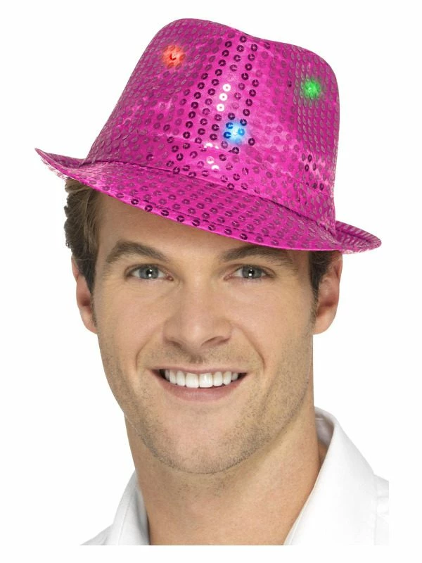 Smiffys Light Up Sequin Trilby Hat, Pink 3 Smiffys Light Up Sequin Trilby Hat, Pink