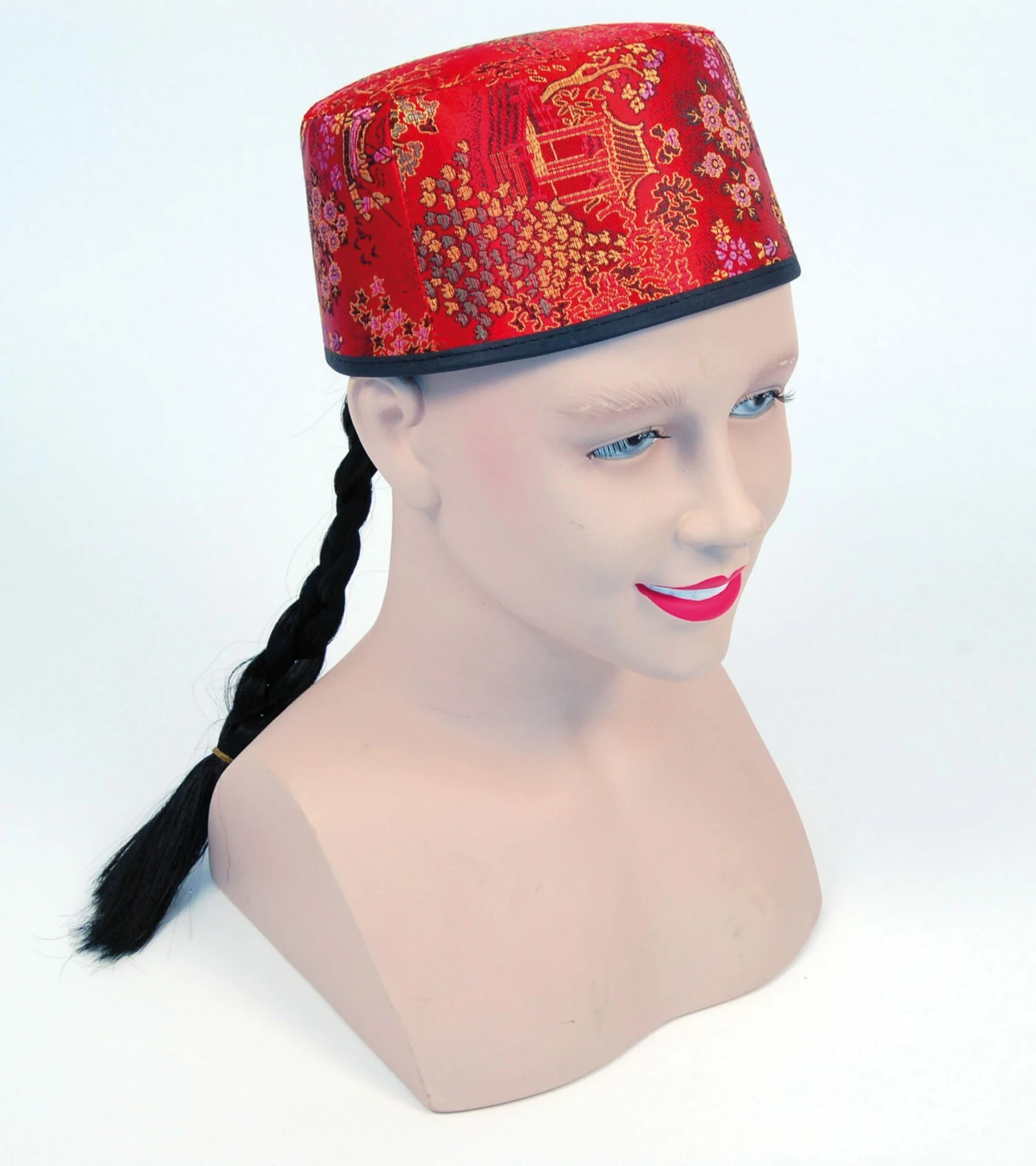Chinese Mandarin Hat Red Fabric + Plait 3 Chinese Mandarin Hat Red Fabric + Plait